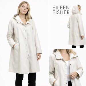 Eileen Fisher Hooded Coat Cream Textured Minimalist Snap Front Size medium